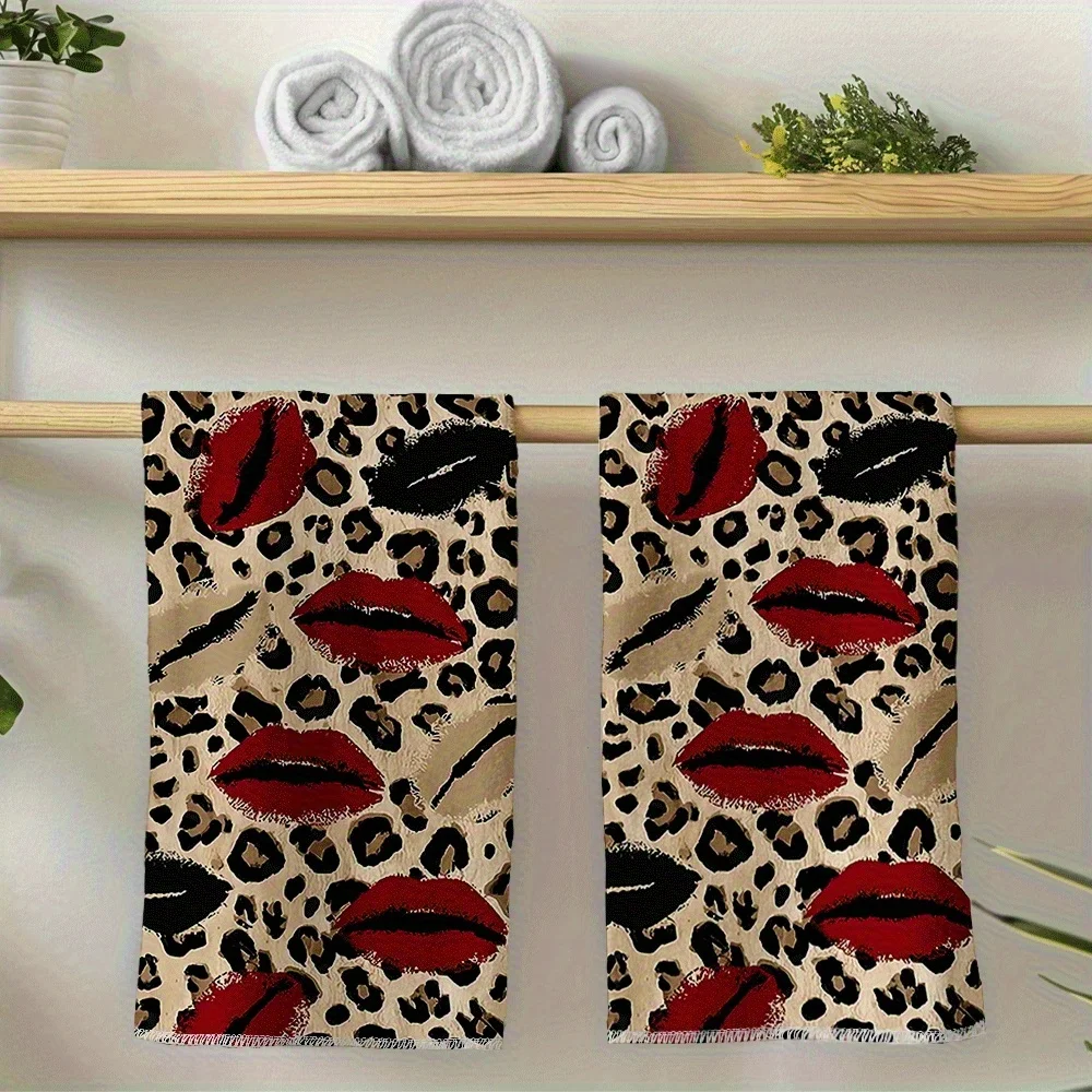 1pc Sexy Leopard Print Red Lip Printed Scrub Cloth, Soft Face & Hand Towel, Perfect for Kitchen, Bathroom, Dressing Room, Closet