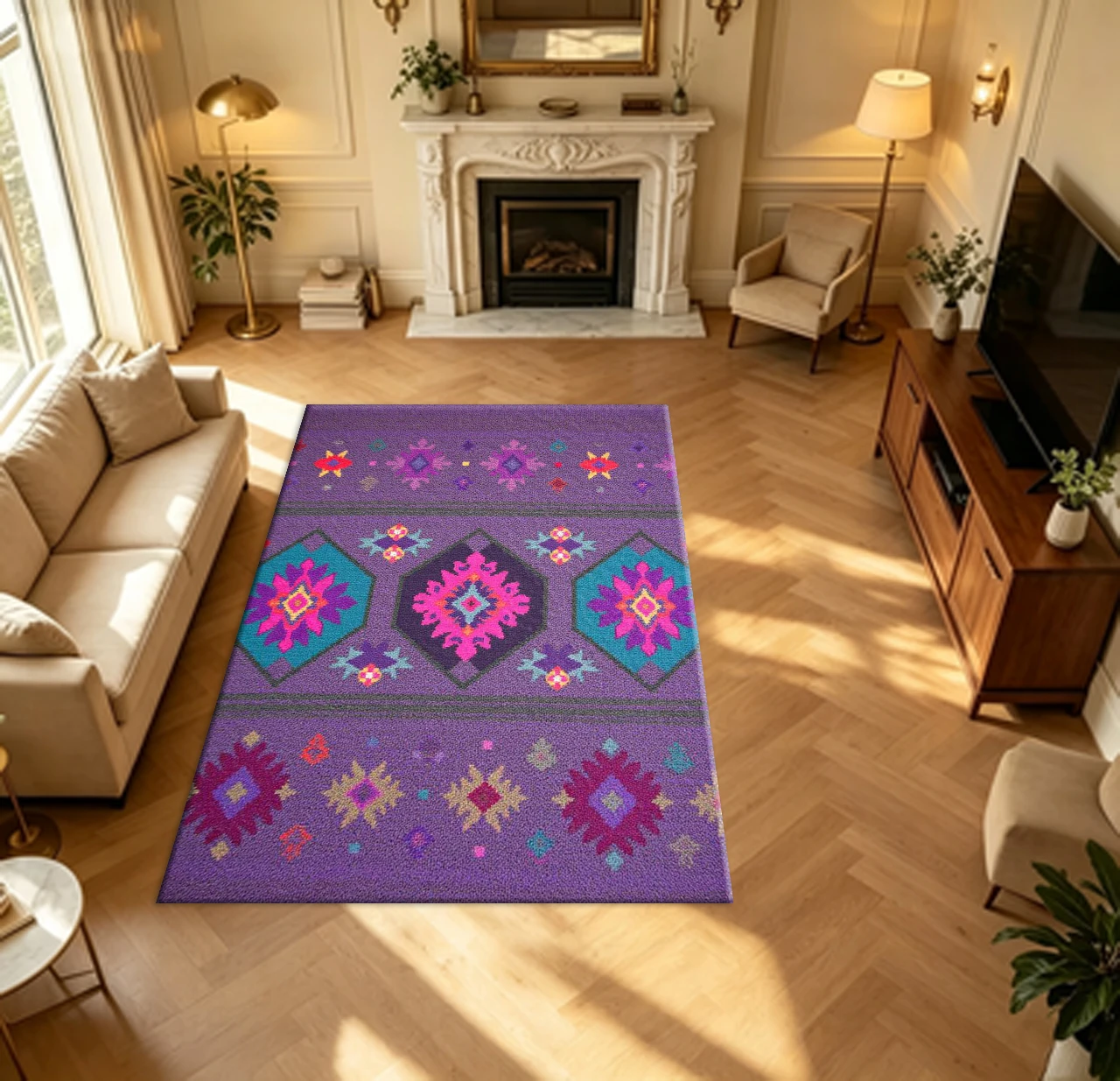 Purple Bohemian Kilim Style Carpet Flooring Bright Ethnic Geometric Diamond Pattern Household Indoor Decor Area Rug