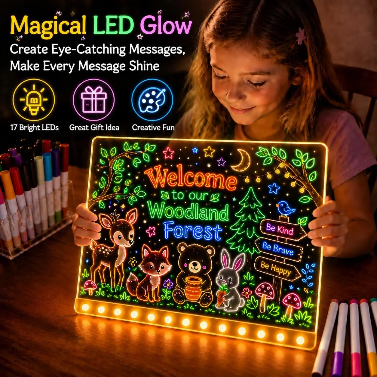 LED Drawing Board for Kids, Light Up Acrylic Note Pad with 7 Colors, Reusable Dry Erase Glow Art Writing Tablet, Stand