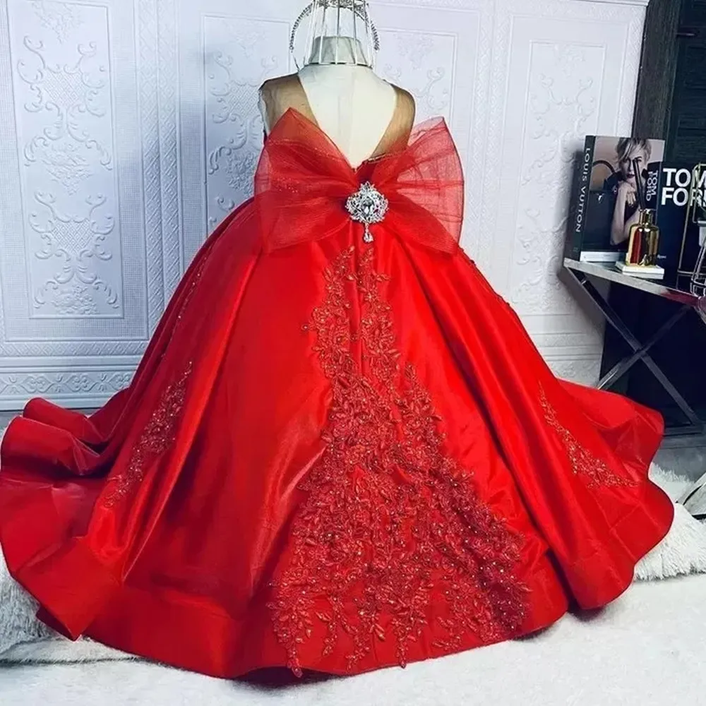 フラワーガールドレス レッド 豪華なチュチュ リトルキッズ 誕生日ページェント 結婚式 レース ビーズ ボールガウン シアーネック チュールドレス