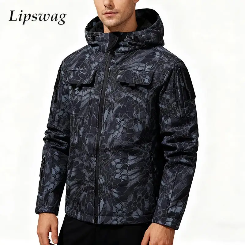 

Fashionable Multi Pocket Hooded Jacket For Mens Autumn Winter Outdoor Warm Fleece Jackets Vintage Solid Color Zip-up Outerwear