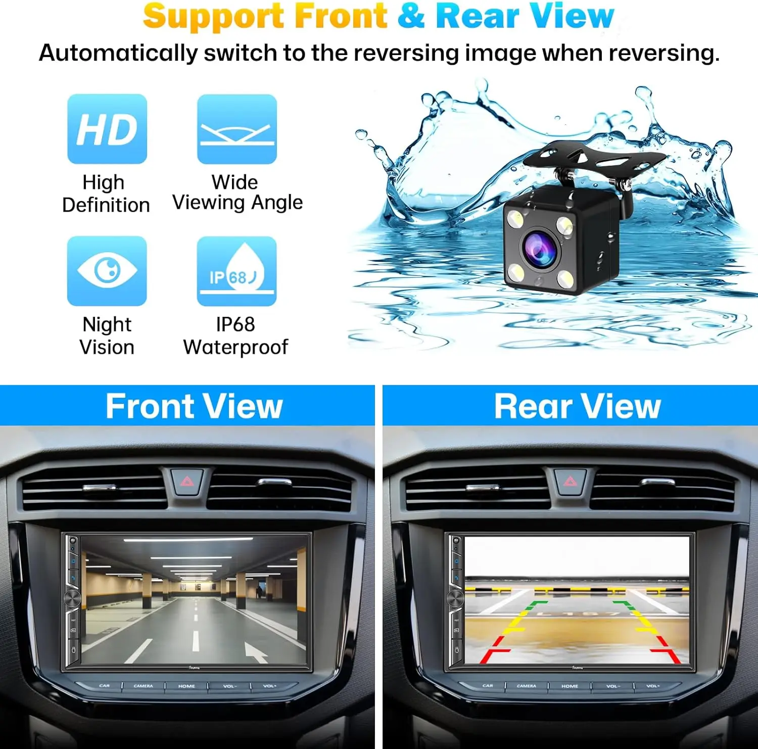 7인치 더블 딘 카 스테레오, 무선 카플레이, 안드로이드 오토, HD 터치스크린, 후방 카메라, 블루투스 5.0, FM/AM 라디오