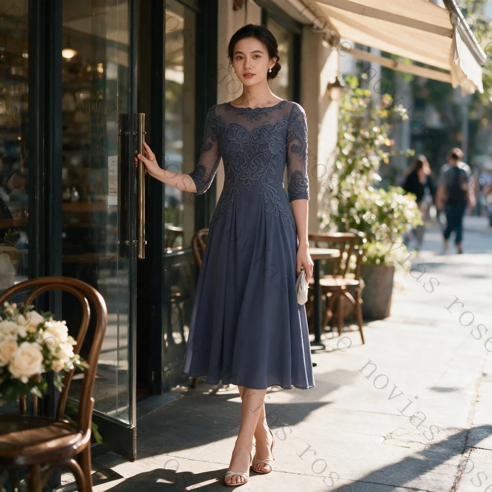 Customized Simple Lace Mini Evening Dresses 2026 New Elegant 3/4 Sleeve Folded Chiffon A-line Ball Gown Suitable for Parties