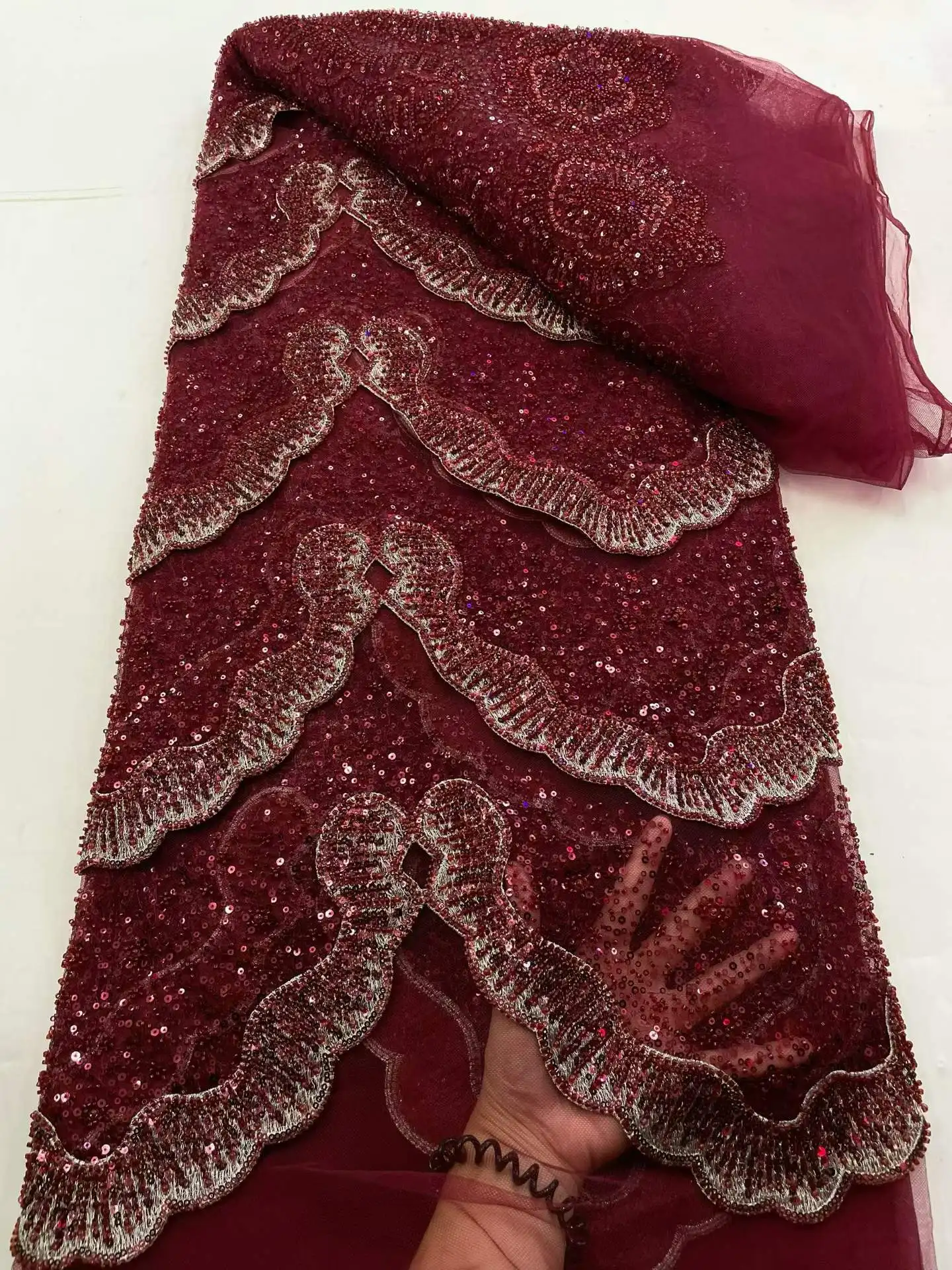 African 2026 Beaded nigerian Lace Fabric 5 Yards Tulle Mesh Sequins Embroidered for Weddings Party Dresses French Style