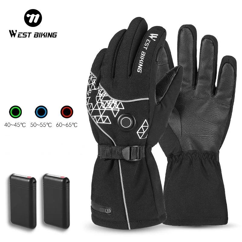 WEST BIKING Sports Heated Gloves Winter Thermal Waterproof Touch Screen Gloves for Outdoor Scooter Skiing Motorcycle Gloves