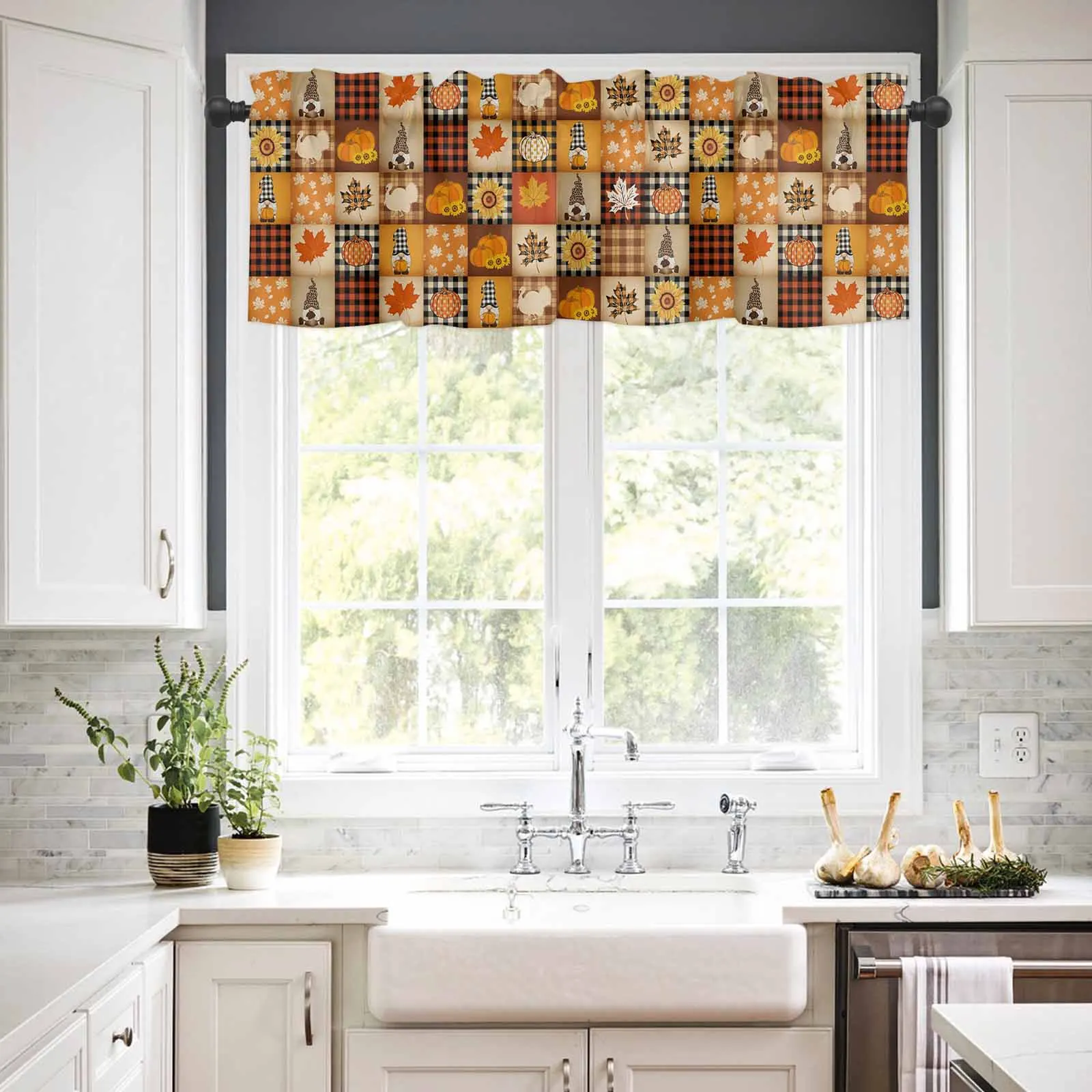 

1PCS Kitchen Short Curtain Valance Gnome Maple Leaf Pumpkin Plaid Rod Pocket Window Home Decoration