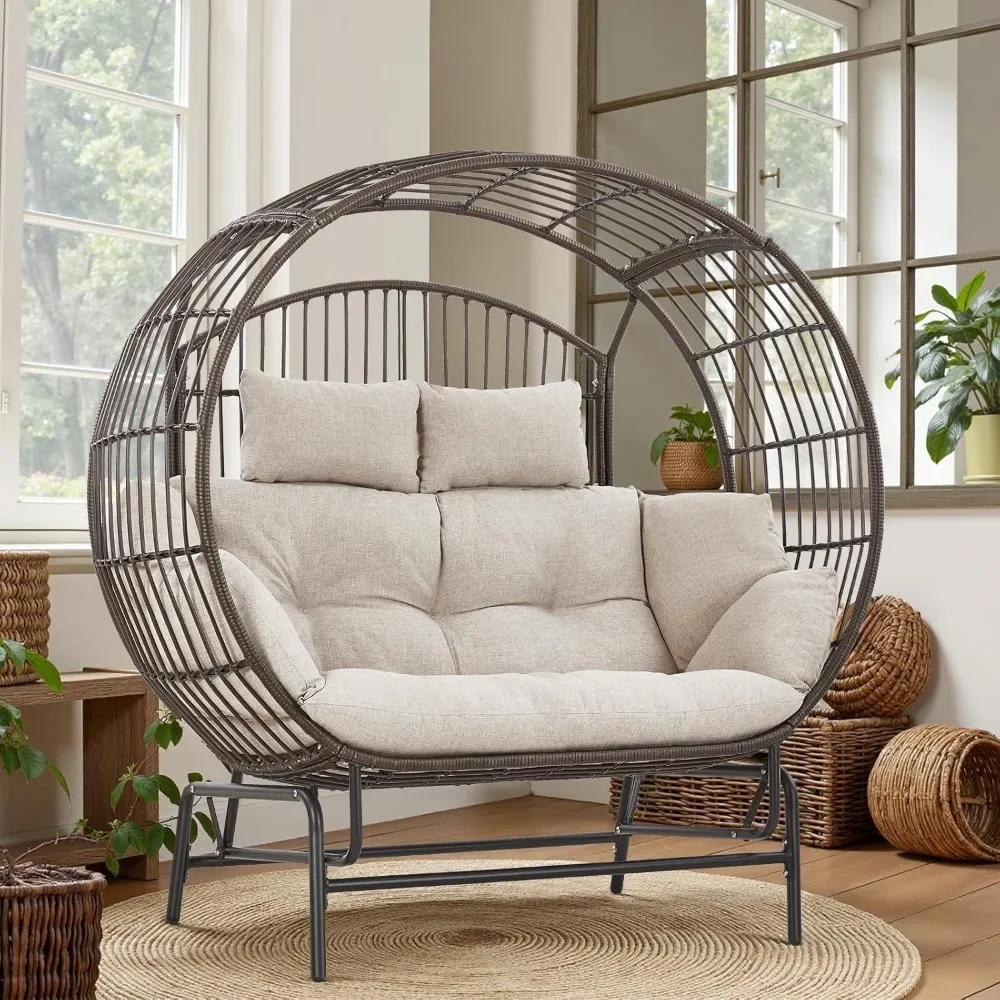 Double Wicker Egg Chair Indoor Outdoor,for 2 Person Egg Loveseat Chairs, Oversized Patio Gliding Egg Chair with Steel Stand