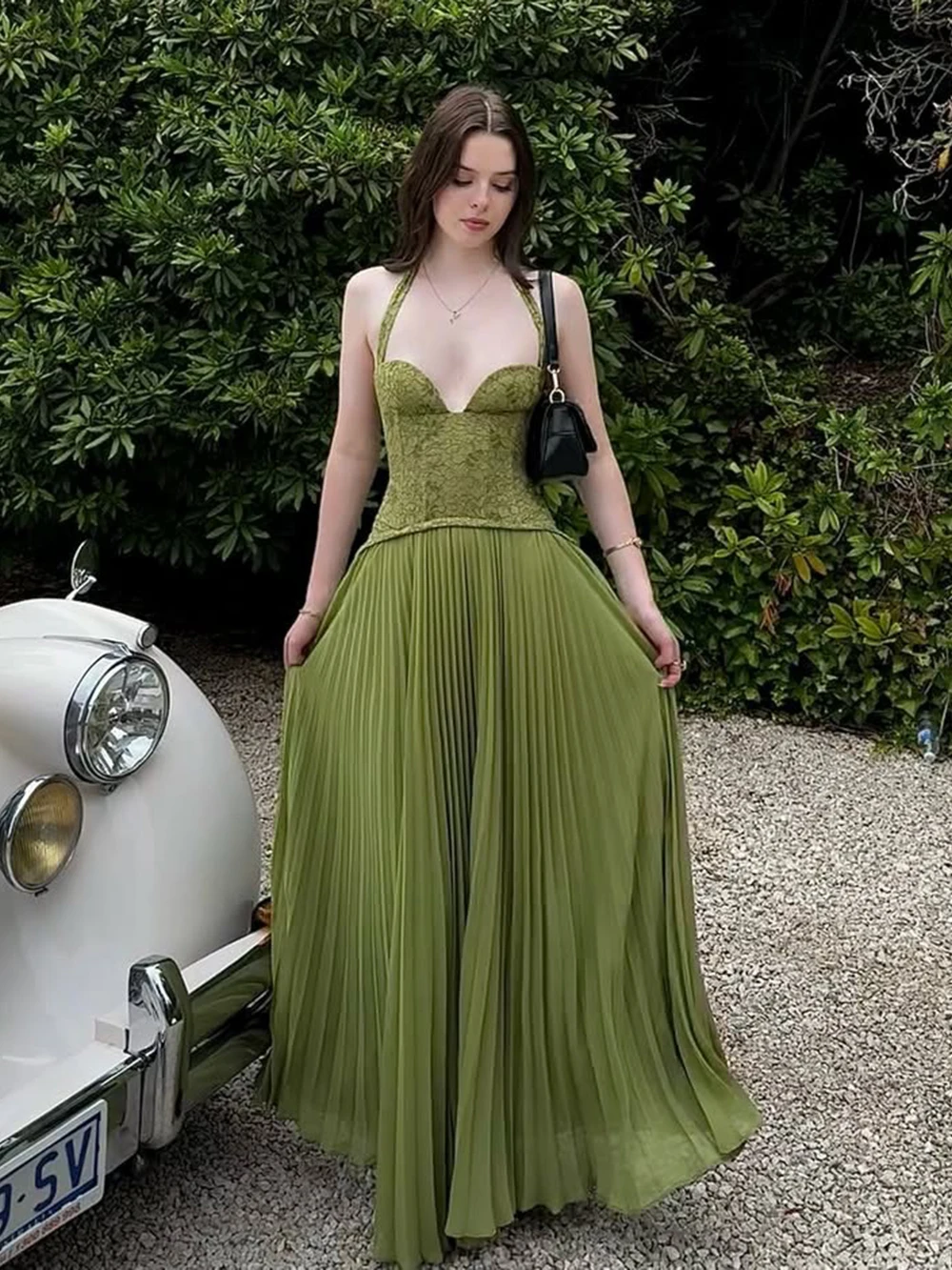 Modphy Elegant Women's Halter Long Dress Corset Maxi Pleated Dresses Summer Evening Party Bridesmaid Wedding Guest Gown