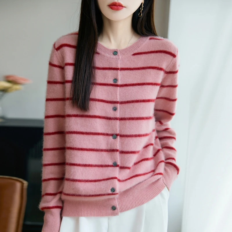 

Women's Loose round Neck Long Sleeve Striped Knitted Wool Cardigan Autumn/Winter 2025 Pure Wool Knitwear Coat