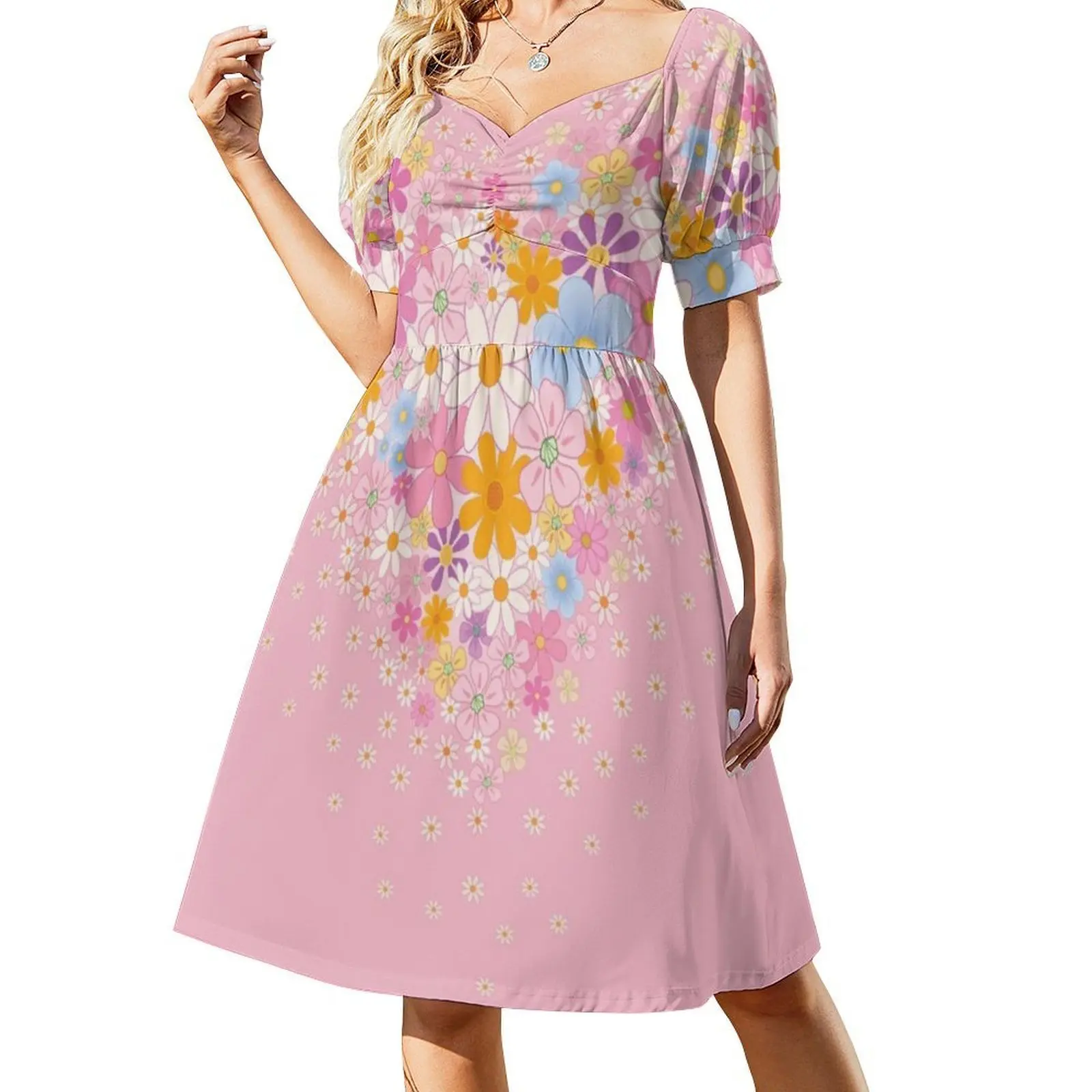Coração e flores vestido de festa elegante feminino vestido linha a com opções curtas/longas/sem mangas coração amor hippie flores felizes