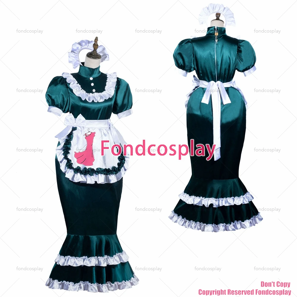 fondcosplay sexy cross dressing sissy maid long lockable Dark green Satin dress white apron Fish Tail CD/TV[G3824]