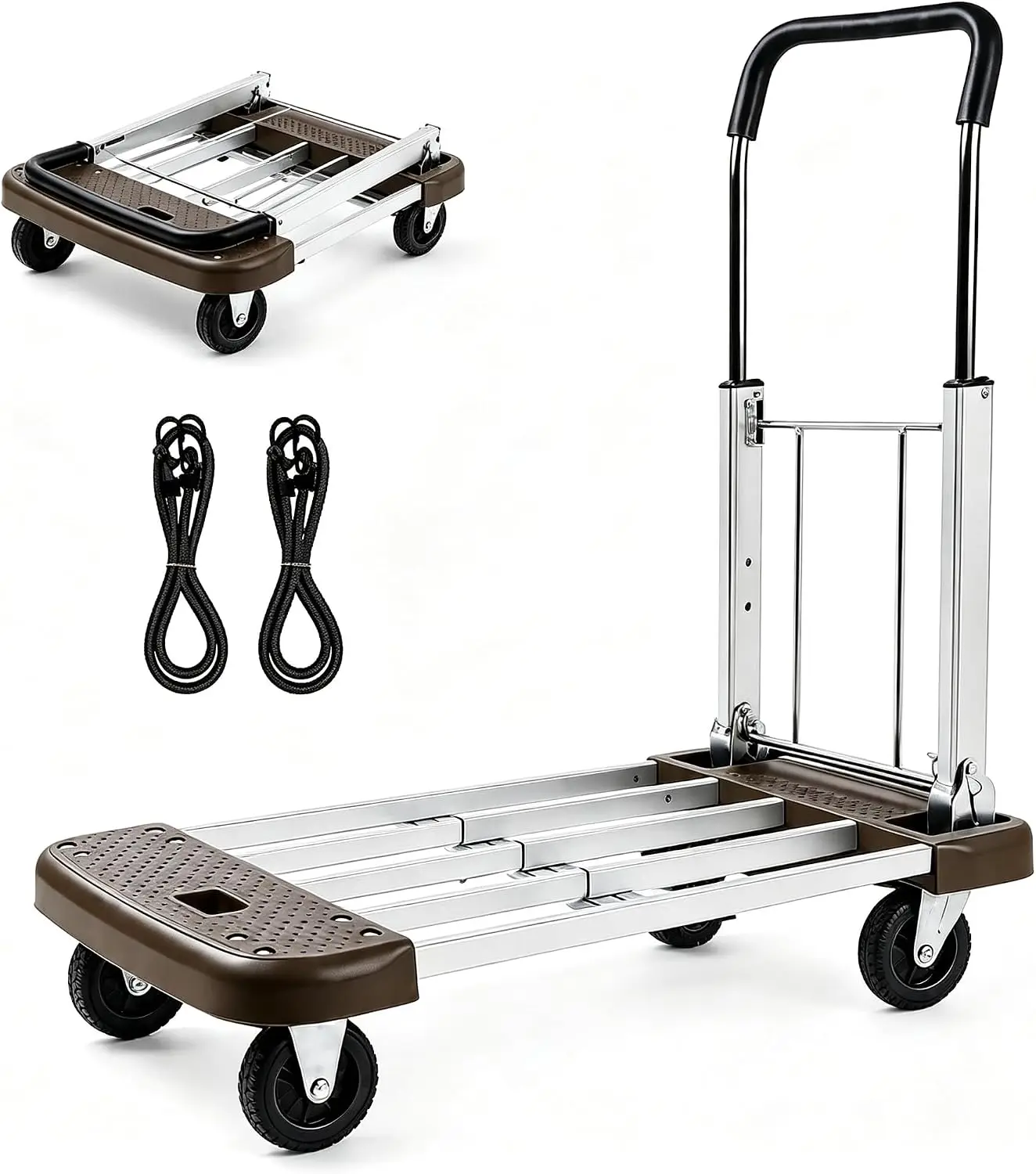 Carrello con piattaforma pieghevole, resistente fino a 150 kg, dimensioni 75 x 45 cm, in acciaio al carbonio, 4 ruote in gomma, pieghevole, silenzioso, bordi resistenti agli urti, include 2 cinghie di
