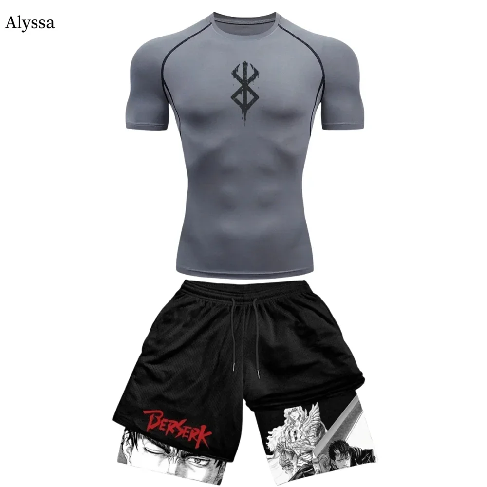 Conjunto de compresión de Anime Berserk para hombre, traje de Fitness, camisa de compresión de secado rápido, pantalones cortos de gimnasio, correr, entrenamiento, ropa deportiva de verano