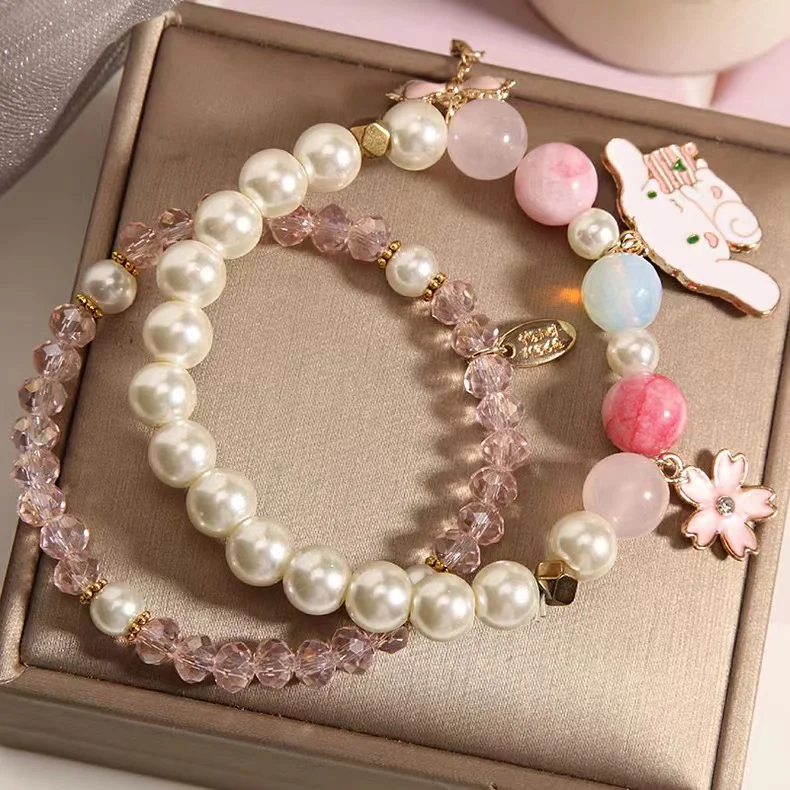 Sanrio Cute Crystal Bead String Cartoon Cinnamoroll Crystal Pearl Bracelet Student Best Friend Bracelet Gift