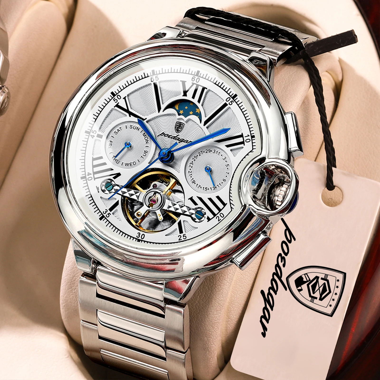 POEDAGAR Luxury Male Watch Business Date Week Stainless Steel Tourbillon Men Clock Waterproof Automatic Mechanical Men's Watches