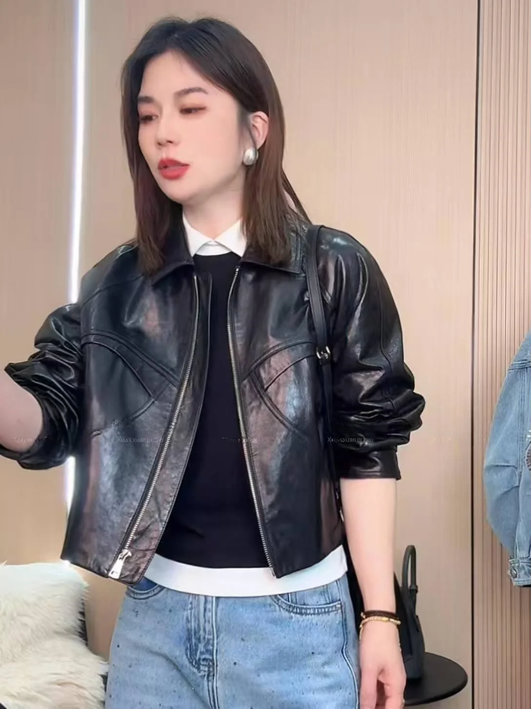 

2026 New Women's ort Leather Jaet eepskin Genuine Leather Commute Sle Long Sve Zipper Closure Faionable Coat