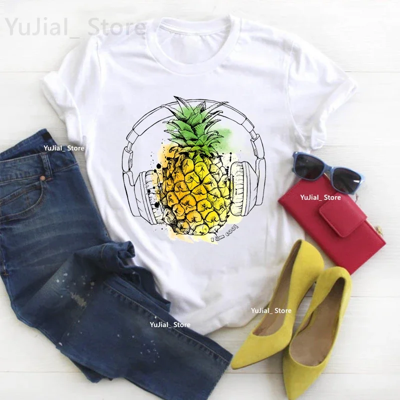 Pineapple Music Note Print T Shirt Girls Funny Flowers Butterfly Tshirt Women Summer Fashion Tops Tee Shirt Femme Harajuku Shirt