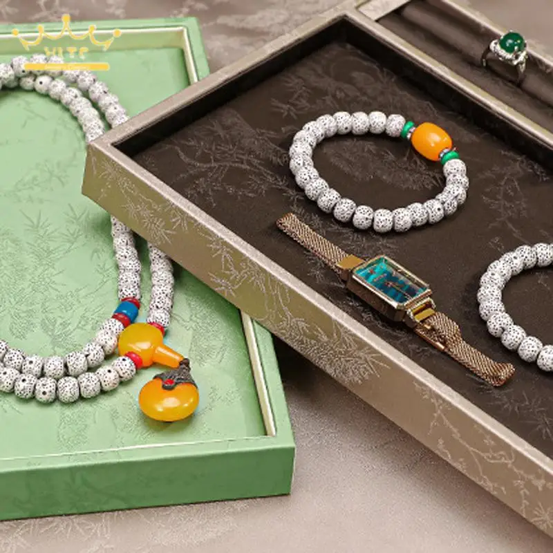 Traditional Chinese-Style Pattern Leather Jewelry Tray Rings Earrings Bracelets Necklaces Display Organizer 25*20Cm