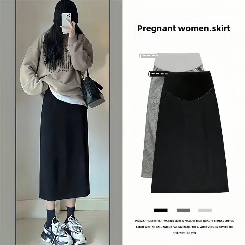 Maternity Spring Autumn High-waisted Side Slit Straight Long Skirt A- line Medium-length One-step Skirt For Pregnant Women