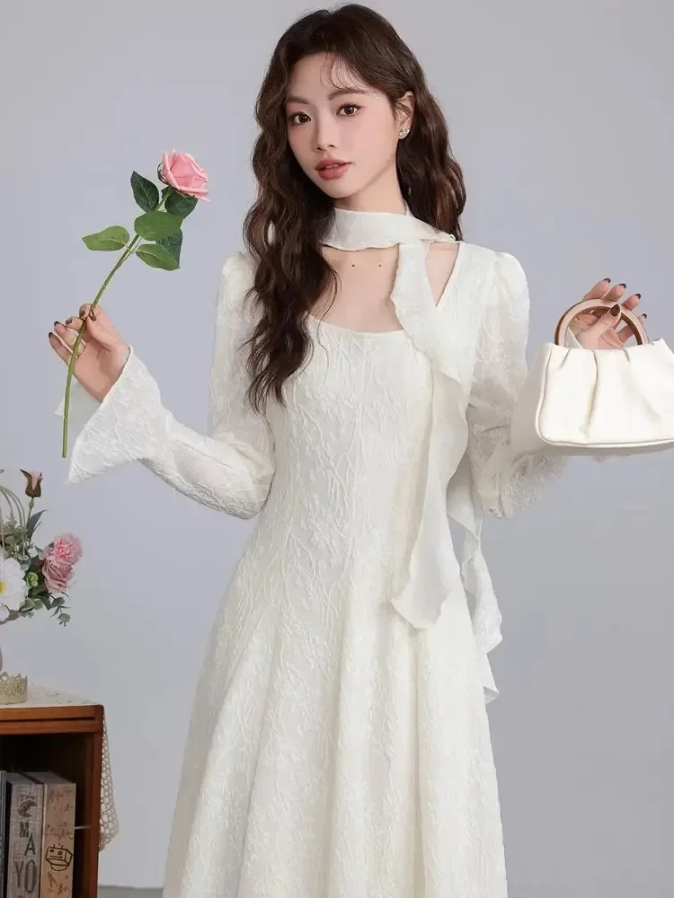 フレアスリーブ女性ドレス固体韓国ファッション春秋レトロ Vestidos Mujer 甘いシンプルシックなロングドレス