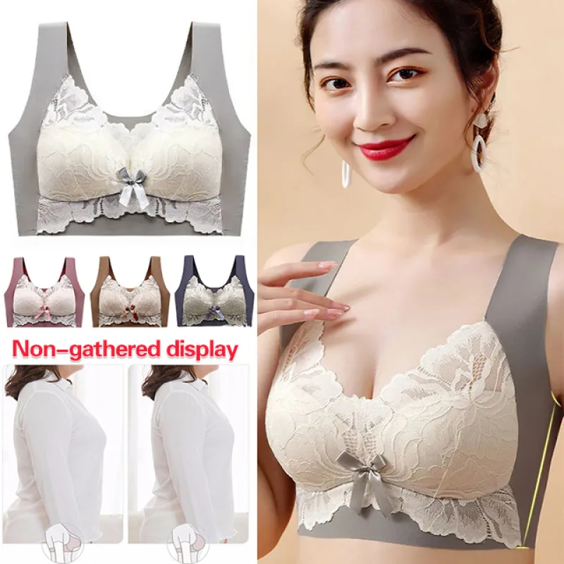 New non-marking lace back underwear fixed cup large  size non-steel ring gathered collects breasts comfortable sleep bra female