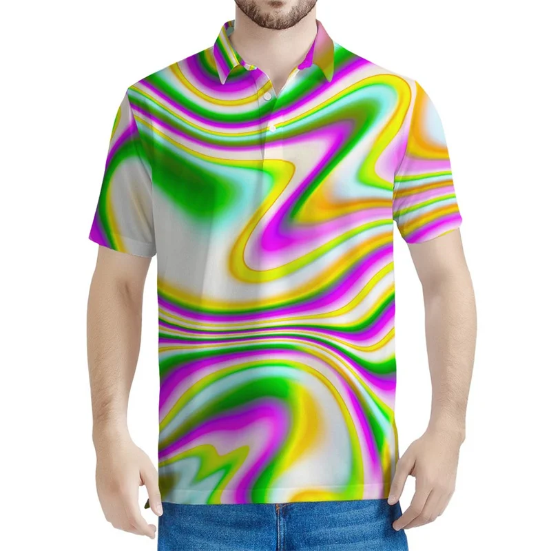 Abstract Holographic 3D Printed Polo Shirt For Men Colorful Liquid Graphic Short Sleeves Street Button Tees Lapel POLO Shirts