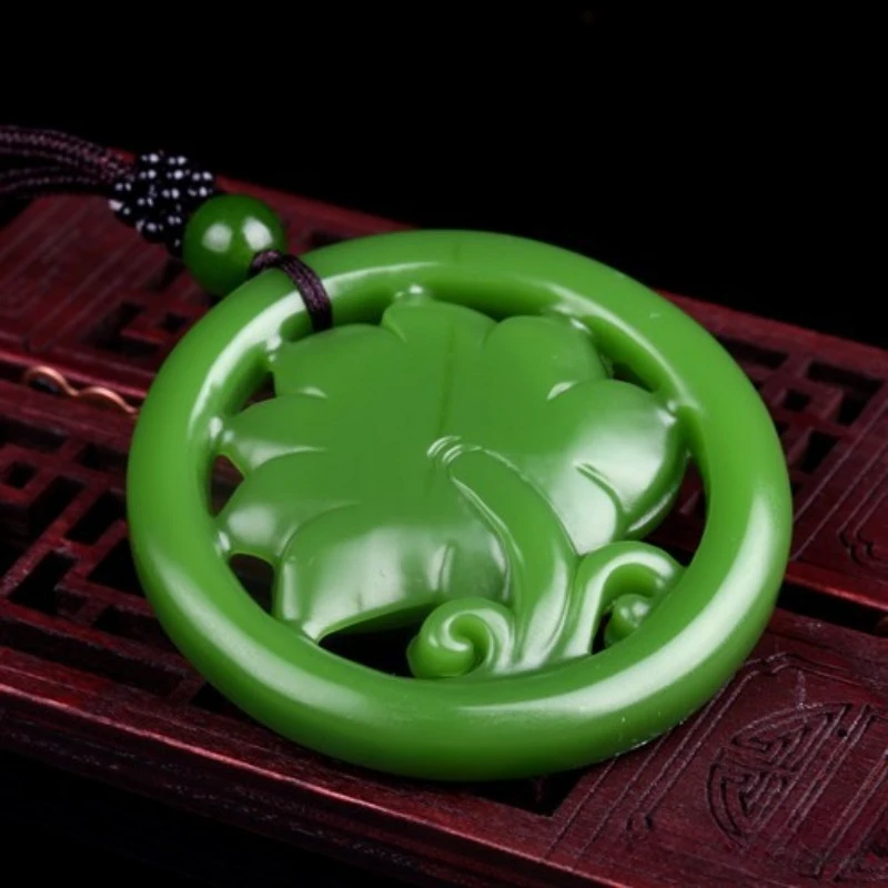 Spinach Green Jade Hollow Round Lotus Pendant for Men and Women, Blossoming Rich and Noble Popular Pendant