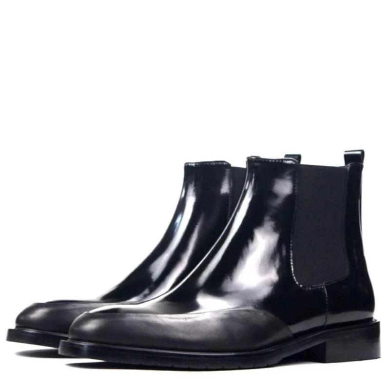 British Classic Genuine Leather Men Chelsea Boots Black Glossy Surface Stylish Slip-on Ankle Boots Street Party Formal Wear