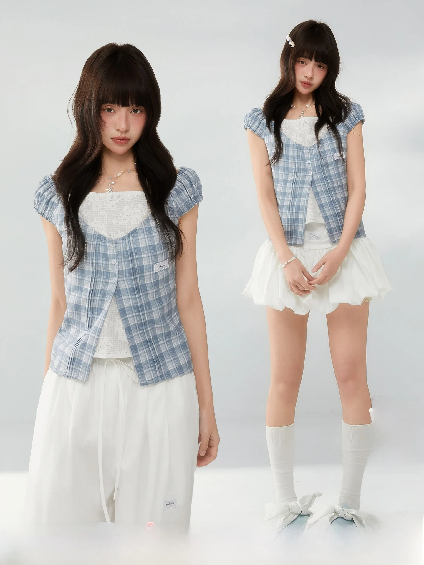 

sta Blue Plaid Color Blo White Floral Splicing Fake Two-Piece irt Waist in Women's Casual Sle Polyester Cotton Blend