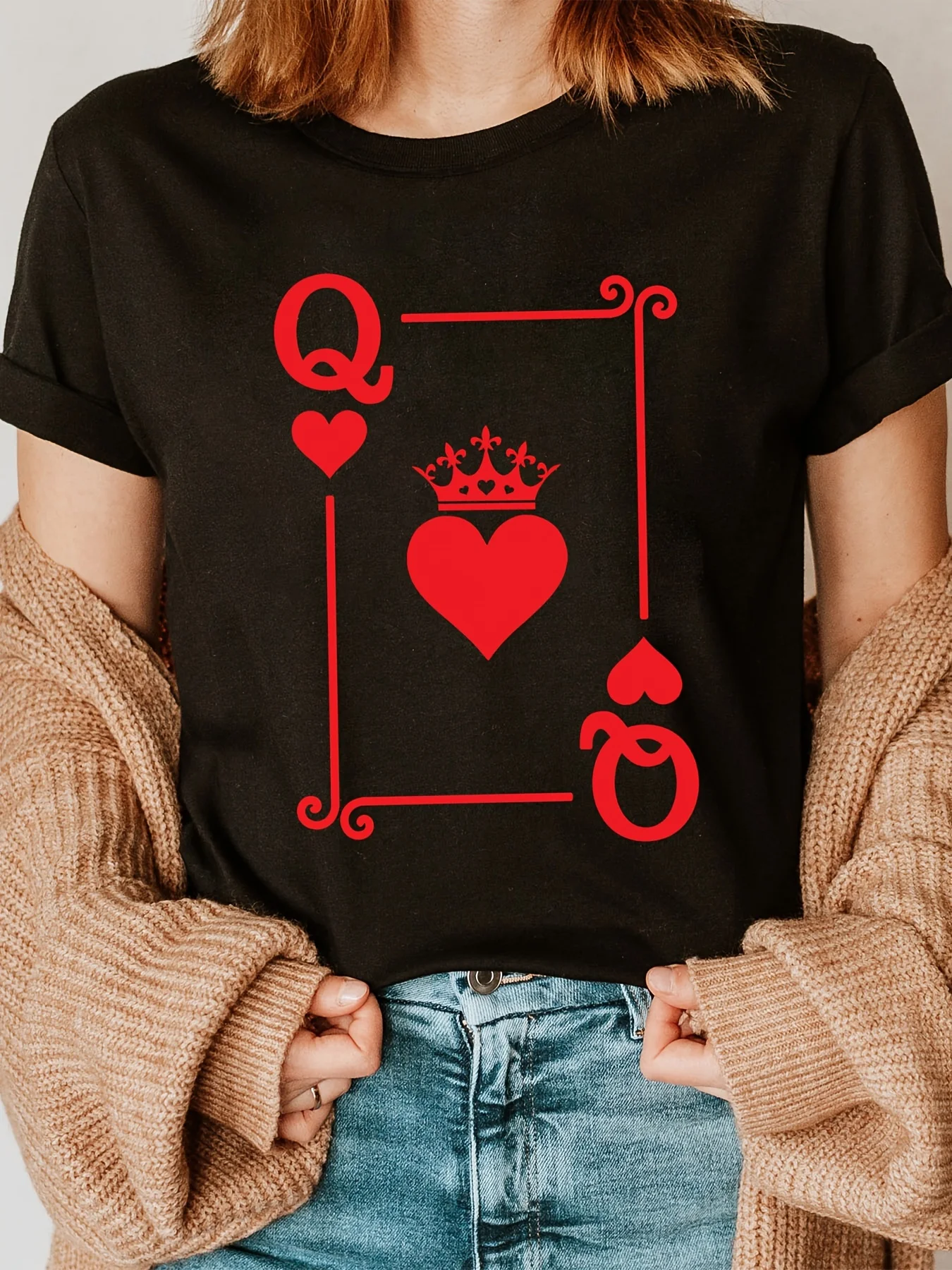Women's Casual T-Shirt with Red Heart Queen of Spades Print Short Sleeve Crew Neck Soft Fabric Fashionable Summer Top Clothing