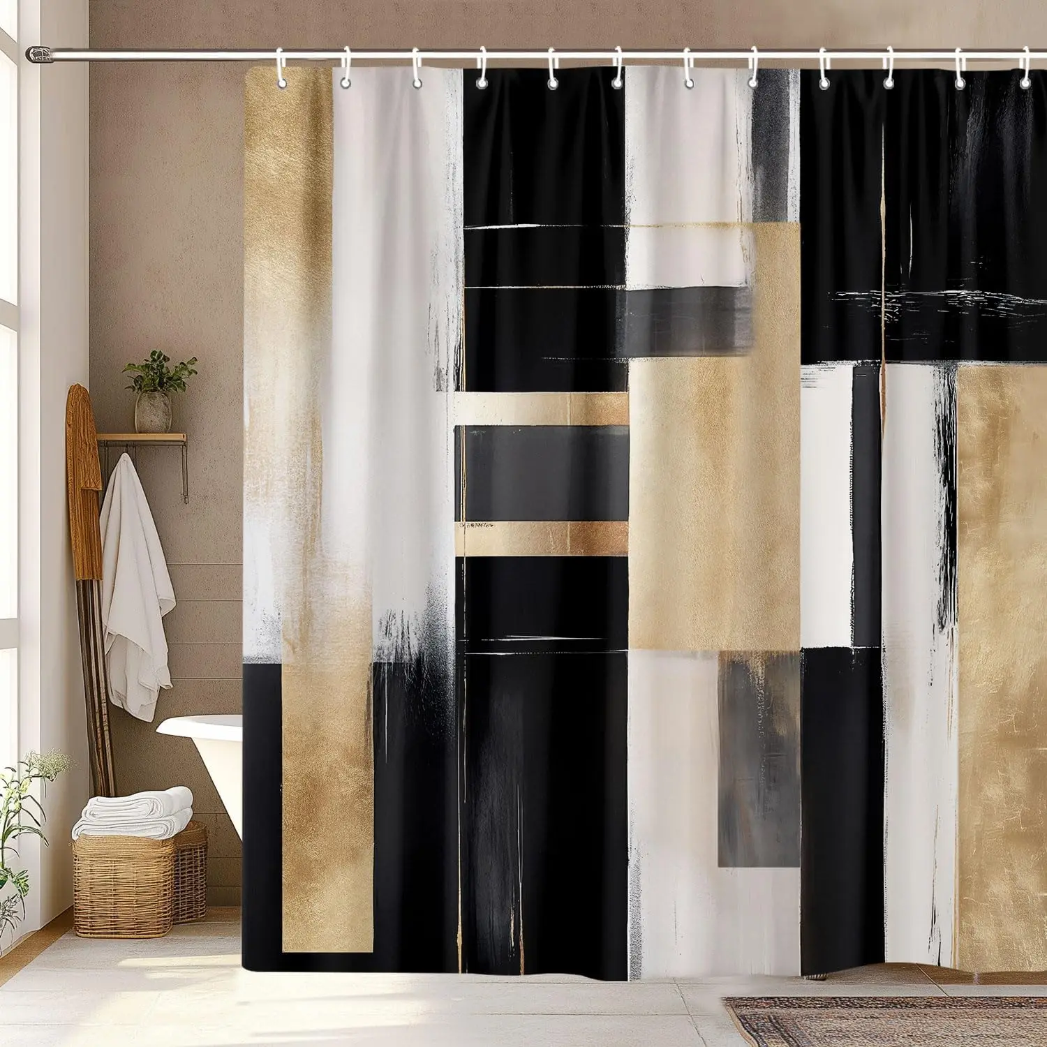 Black Gold Abstract Shower Curtain, Boho Modern Aesthetic, Oil Painting Neutral Art, Fabric Bathroom Set with Hooks