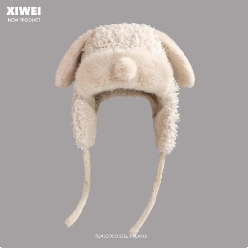 

Korean Sweet and Cute Puppy Ears Plush Pullover Hat Winter Thickened Cycling Warm Ear Protection Flying Bomber Hats for Women