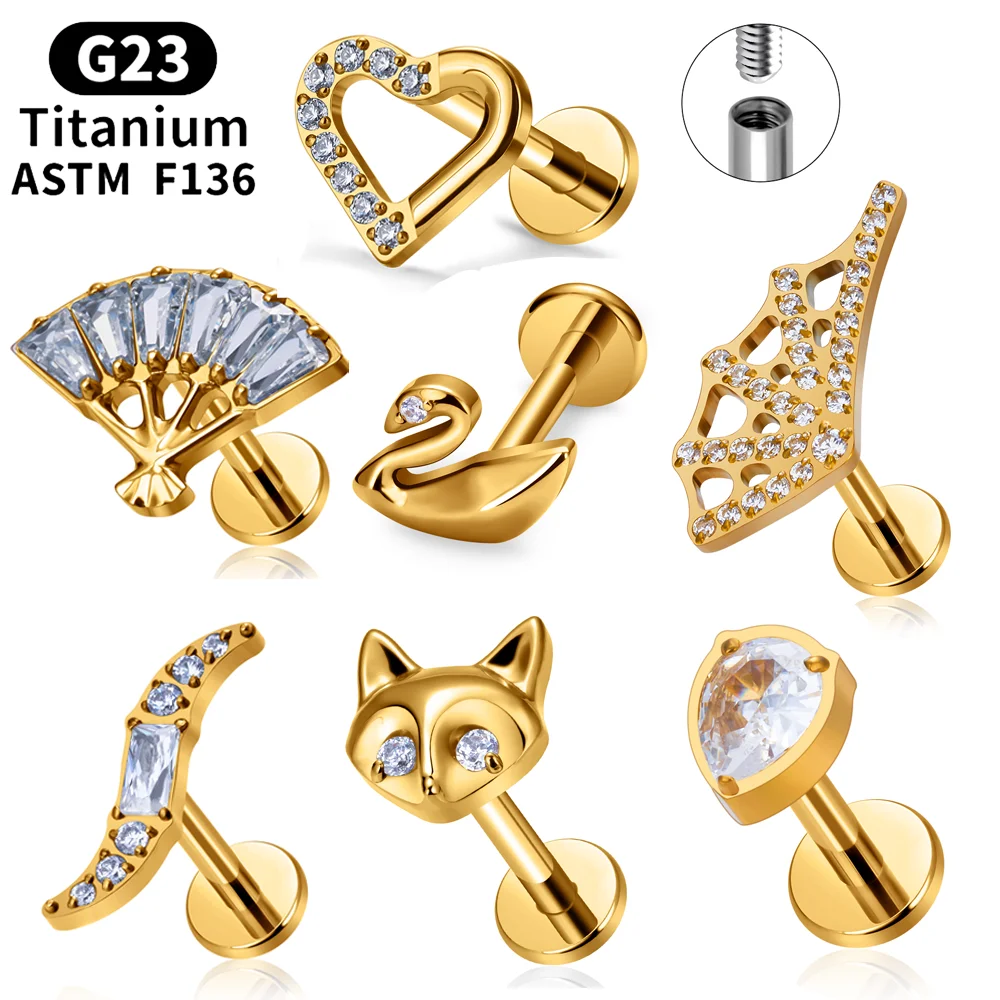 G23 Titanium fox Heart Design Ear Tragus Cartilage Helix Daith Piercing Stud Earring Internal Thread Pierc Labret Lip Ring 16G