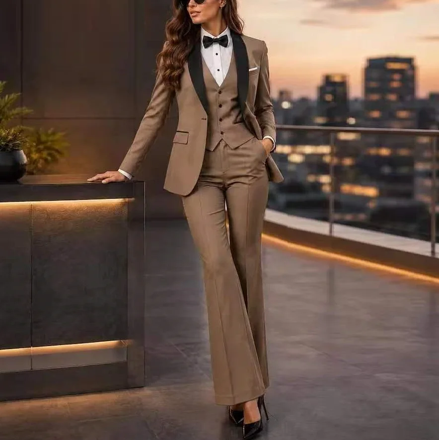 Black Collar Brown Formal Business Women Suit Wedding Party Prom Ladies Mother Tuxedos Costume 3 Piece Set Blazer Vest Pants