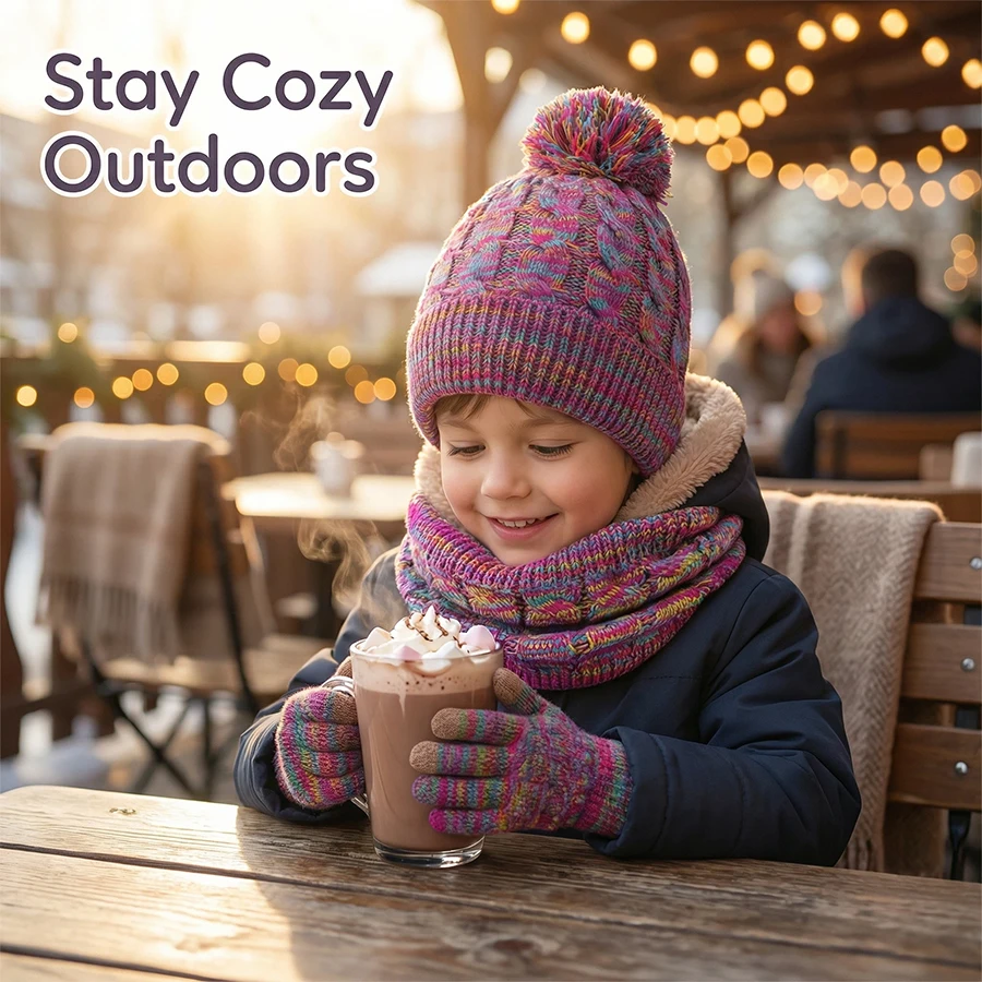 3-13 Years Old Children's Hat, Neck Wrap and Gloves Combo Set - Thick Fleece for Winter Warmth