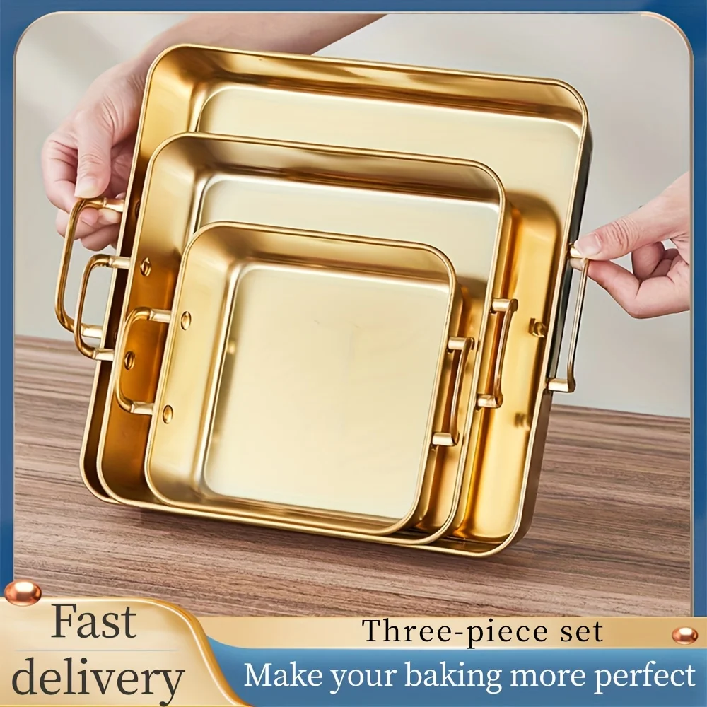 

3pcs Set, Two-Ear French Fries Saucercake Pan Square Baking Pan Casserole Baking Pan Non-Stick Baking Pan Cookie Pan Baking Pan Oven Stainless Steel Mousse