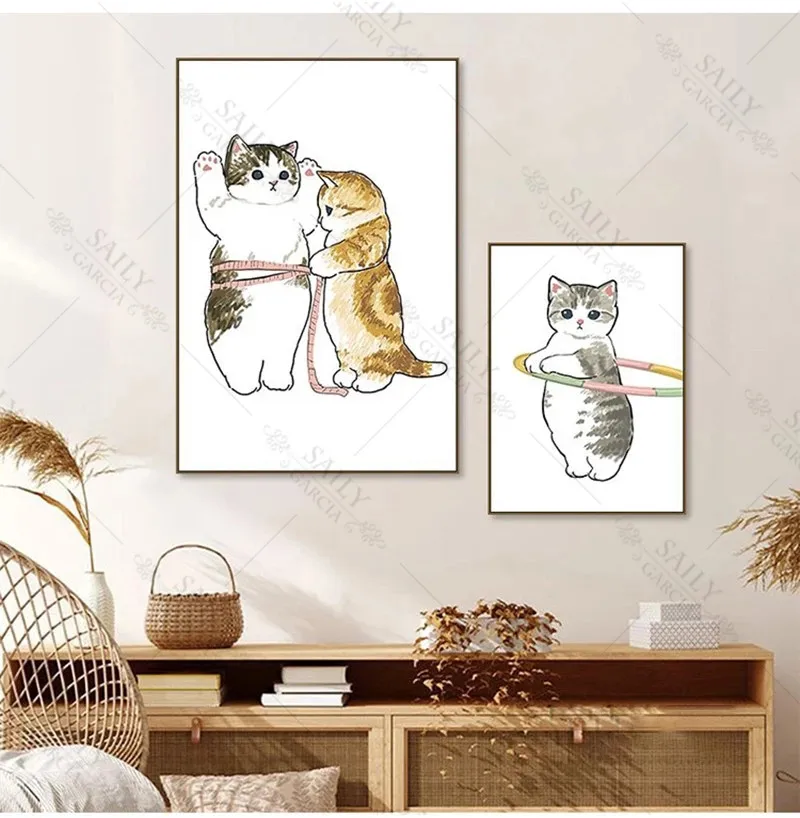 Cute Cartoon Cat Canvas Print Painting Funny Animals Puppy Dog Posters Abstract Wall Art Pictures for Kids Room Nursery Decor