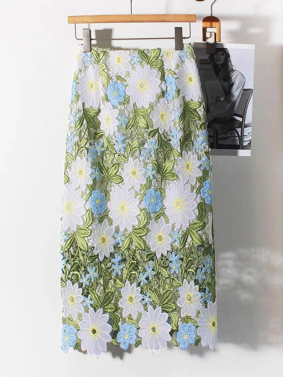 

Юбка-карандаш средней длины, элегантная вязаная кружевная юбка-карандаш с 3D вышивкой листьев, контрастных цветов, до колена, офисная