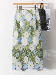 Elegant 3D Leaves Embroidery Midi Pencil Skirt Contrast Color Patchwork Crochet Lace Hip Pack Knee Length OL Skirts