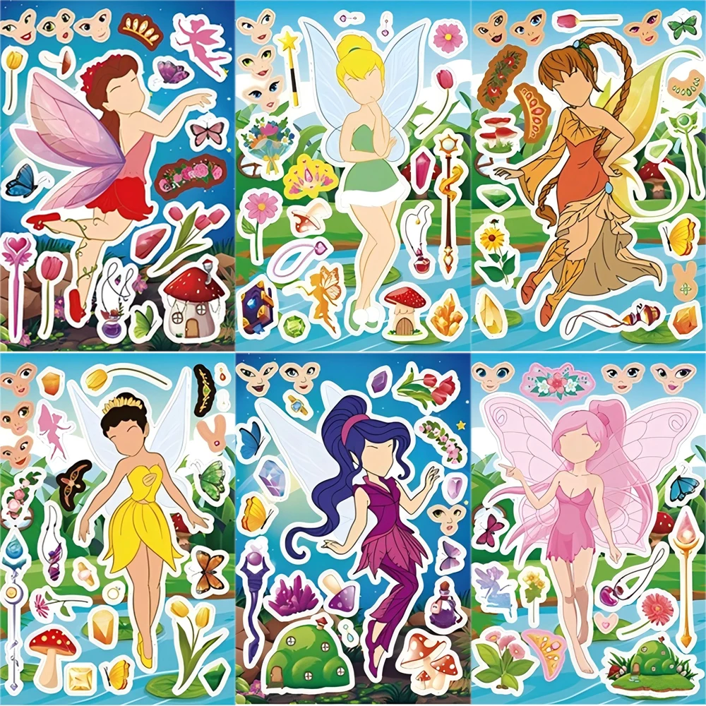 

8/16Sheets Disney Tinker Bell Cartoon Make-a-Face Stickers DIY Puzzle Assemble Jigsaw Toys For Girls Party Game Gifts