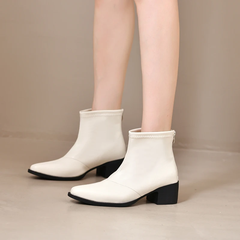 Retro Style Pointed Toe Block Heel Booties Women 2026 Fall Winter New Fashion Back Zip Heels