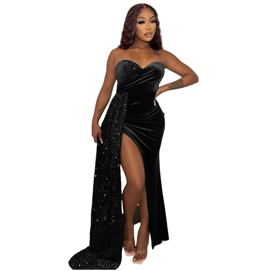 

Black Prom Dresses 2025 Elegant Sequined robes de soirée Side Slit Strapless Customized Wedding Party Dress فساتين سهرة