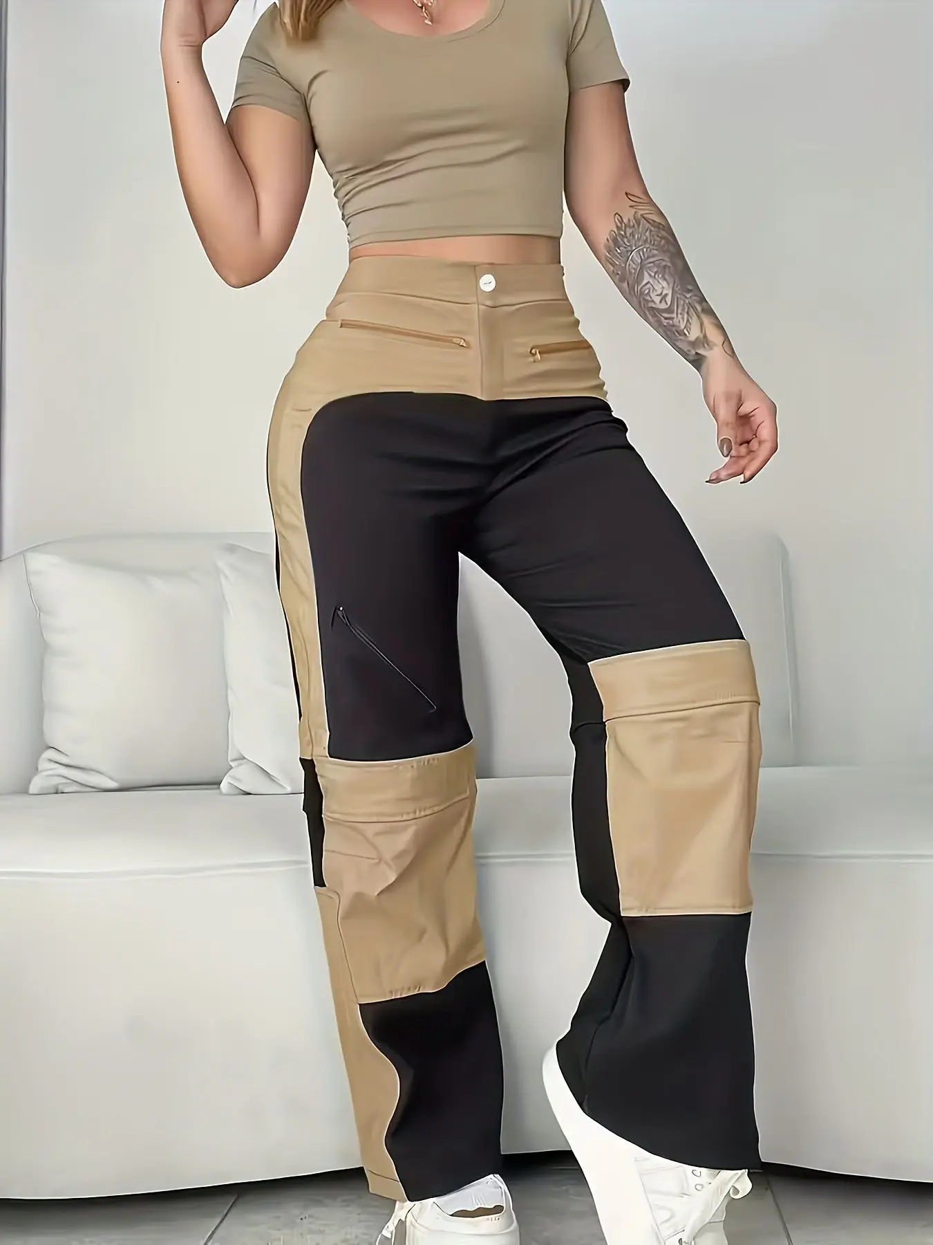 Women's Straight-Leg Cargo Pants with Color-Block Splicing and Multi-Pocket Design for Casual Daily Wear