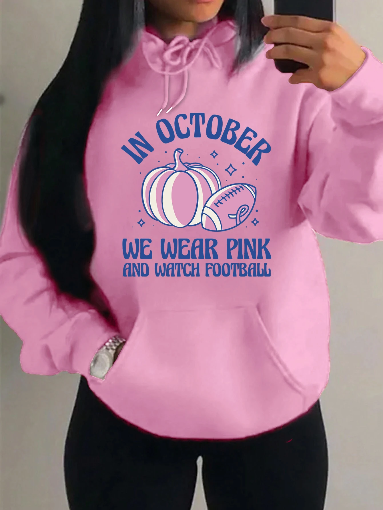 In October We Wear Pink And Watch Football Creative Prints Women Hoodie Vintage Loose Streetwear Hip Hop Clothes Pocket Pullover