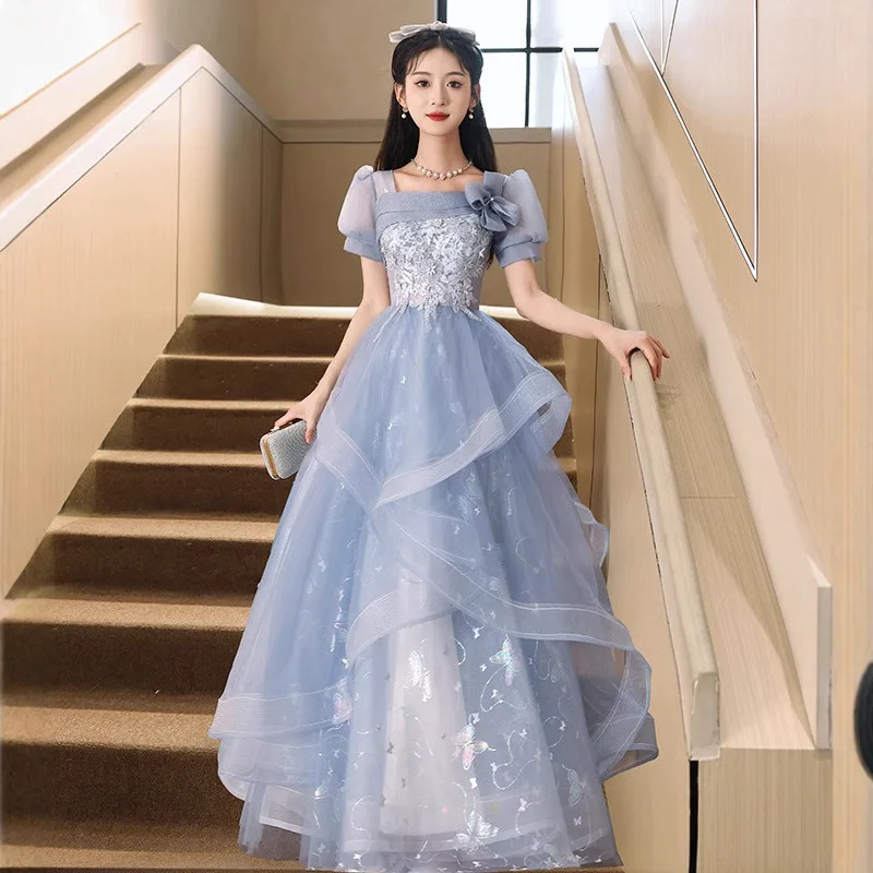 Vestido azul para mujer, modelo de presentador de banquete, vestido de cumpleaños de lujo ligero de alta gama para mujer