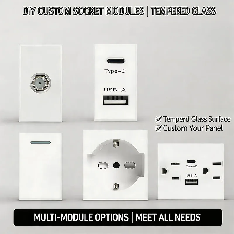 

2x4 Inch Tempered Glass DIY Modular Wall Plate NEMA 5-15R Duplex Outlet With Interchangeable Socket Modules For US/EU/Italy