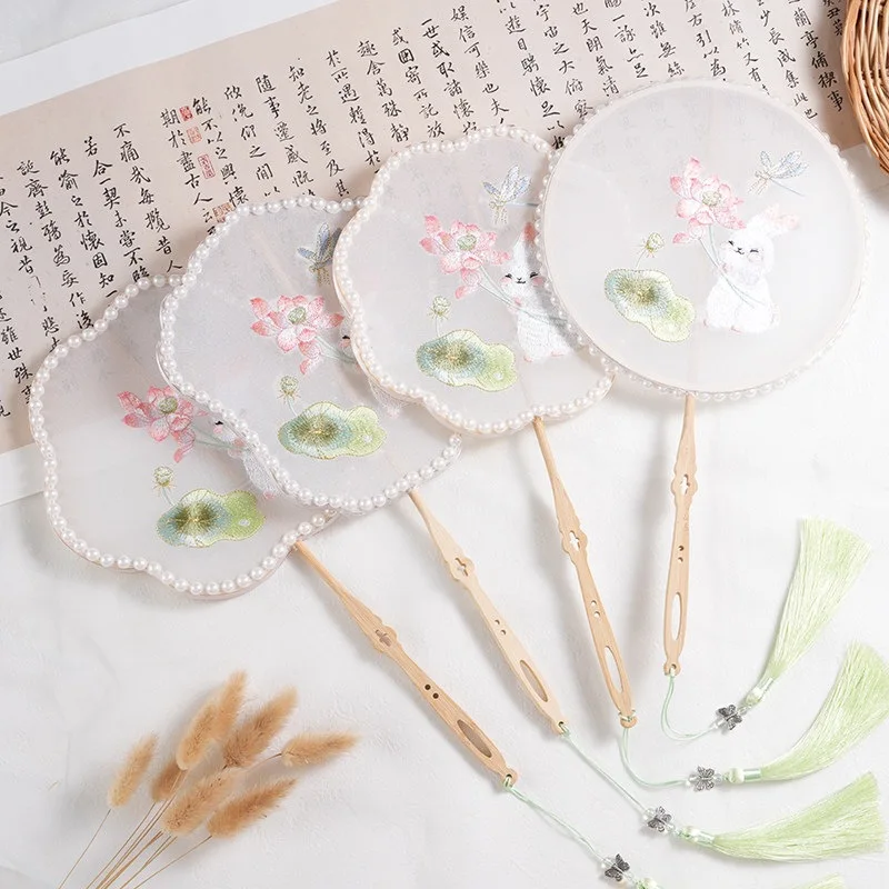 Cute Little Rabbit Embroidered Round Fan Dance Fan Hanfu Cheongsam Dance Props Ancient Style Photography Props Graduation Souven