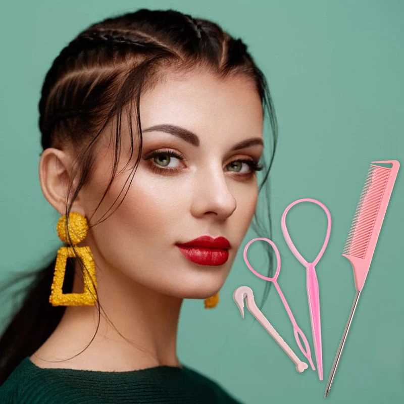 4Pcs/set French Braid Tool Loop Elastic Hair Bands Remover Cutter Rat Tail Comb Metal Pin Tail Braiding Combs for Hair Styling.~