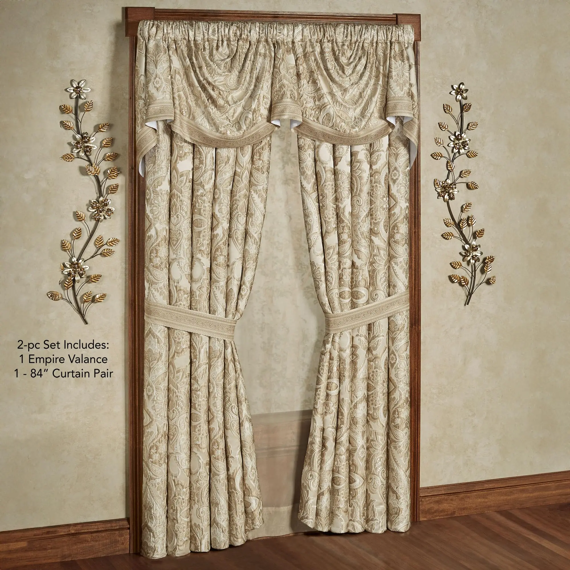 Albany Luxury Window Empire Valance & 84L Curtains Set, Champagne & Ivory