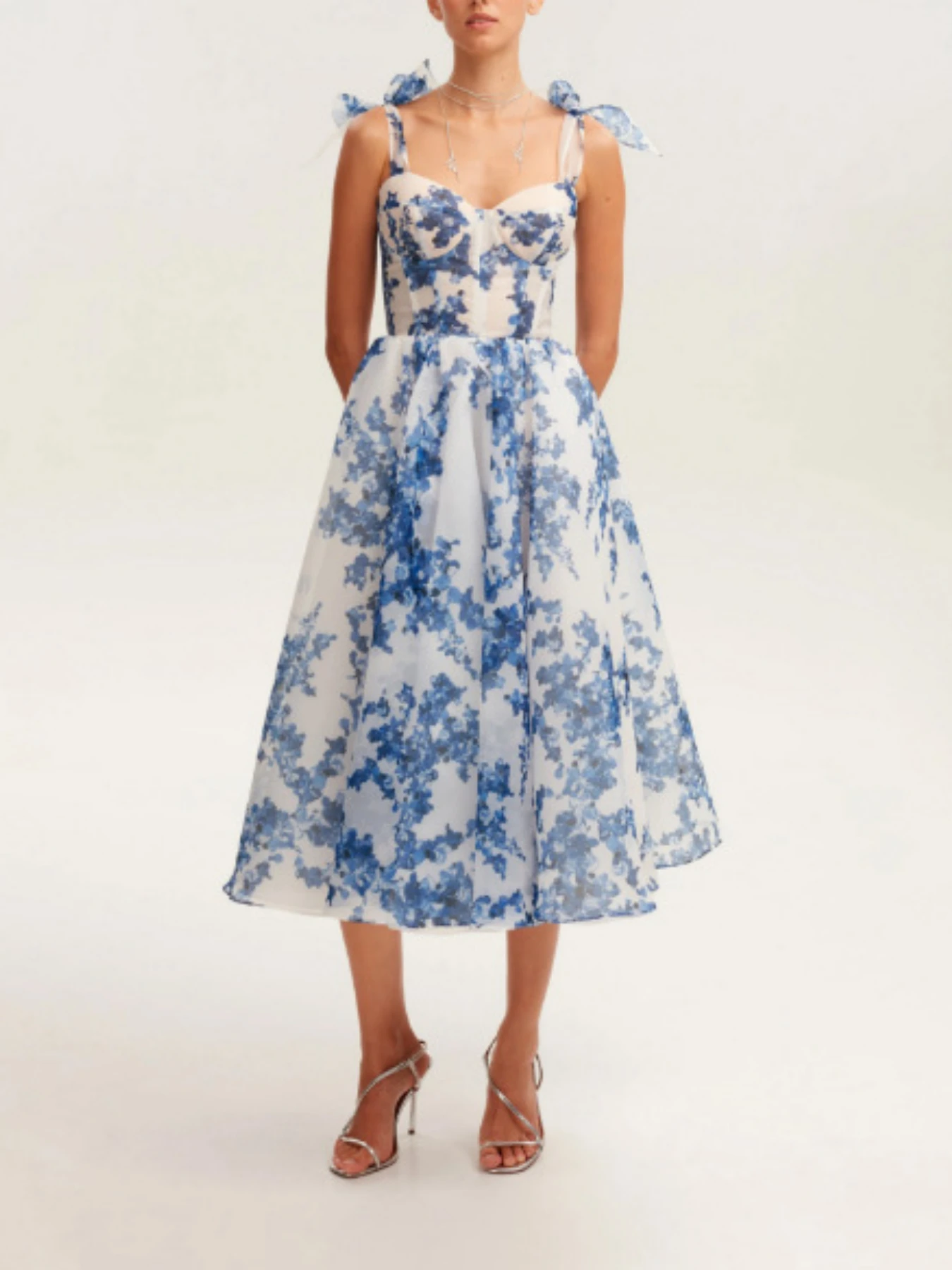 Mikydely- Blue Halter Print Dress Floral Fairy Skirt Sleeveless Waist Slim-Fit Dress